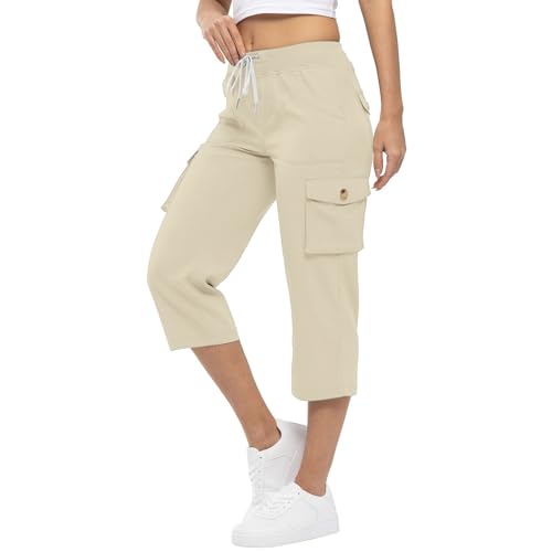 Womens Cargo Capris Summer Casual Drawstring Mid Waisted Hiking Jogger Pants Lightweight Outdoor Cotton Capri Pants (S-3XL)