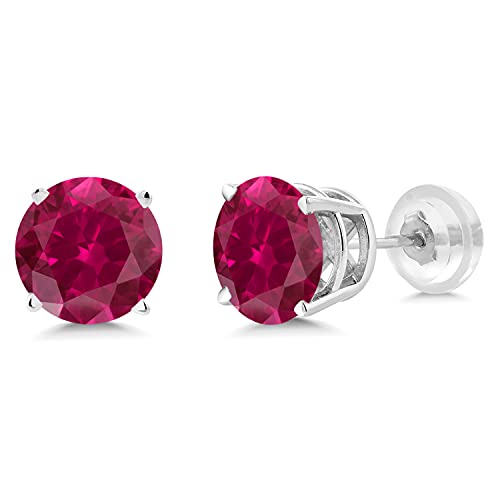 Gem Stone King 14K White Gold Red Created Ruby Stud Earrings For Women (2.00 Cttw, Round 6Mm) #TOP1