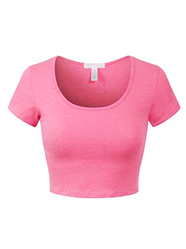 MixMatchy Women s Cotton Solid Scoop Neck Cap Sleeve Crop Top Shirt Neon Fuchsia L