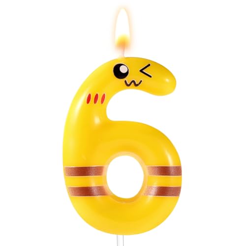 Cartoon Yellow Birthday Cake Candle Six, Yellow Numeral Birthday Cake Topper Cartoon Animated Birthday Decoration Yellow Happy Birthday Number Candles for Party Supplies (6)