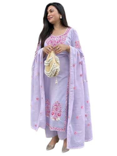 Image of GoSriKi Kurta Sets for Women Viscose Embroidered | Kurta Pant Dupatta Set | Straight Kurti Set for Women | Round Neck 3 /4 Sleeve Ethnic Suit | Designer Indian Kurti Outfit with Pants