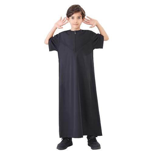 Kids Boys Thobe Muslim Robe Short Sleeve Crew Neck Arab Kaftans Islamic Caftan Arabic Abaya with Pocket