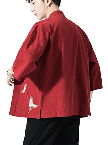 Image of Men's Japanese Kimono Cardigan Loose Cotton Linen 3 /4 Sleeve Open Front Casual Summer Shirt Jackets
