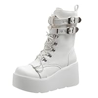 Lace Up Ankle Boots Womens, Womens Chunky Ankle Boots Goth Platform Wedge Booties with Side Zip Lace Up Round Toe Zipper High Heels Rave Buckle Combat Thick Sole Y2K Gothic Shoes for Ladies Girls