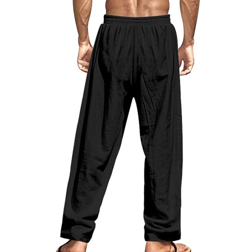 Mens Linen Beach Pants Summer Vacation Casual Baggy Wide Leg Trousers Buttoned Drawstring Yoga Pants with Pockets3