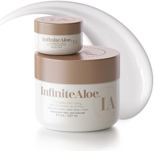 InfiniteAloe Complete Skin Care, Aloe Vera Powered Face and Body Cream for Dry Skin Relief, Fragrance Free - Large Jar 8 oz & Travel Jar 0.5 oz
