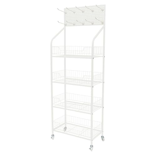 4 Tier Retail Display Rack Stand, White Metal Wire Storage Shelf Display Rack with Wheels Snack Candy Display Organizer with 10 Hooks Multifunctional Concession Stand Snack Shelf Organizer (White)