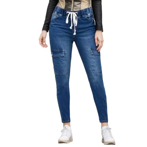 Straight Leg Jeans for Women Drawstring Elastic Waist Pull On Jeans Stretchy Boyfriend Baggy Cropped Denim Joggers