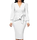 Church Dresses for Women Long Lantern Sleeve Wrap V Neck Ruffle Hem for Women for Work Pencil Dress A-White