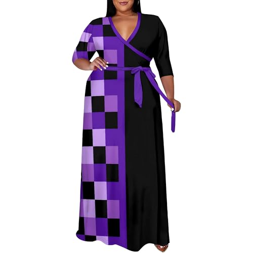 Plus Size Purple Black Plaid Maxi Dress for Women Patchwork Print V Neck Wrap Dress 3/4 Sleeve Church Party Long Dress with Belt 5X-Large Plus