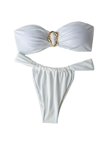 SHENHE Women's 2 Piece Strapless Swimsuit Metal Ring High Cut Thong Ruched Bandeau Bikini Set