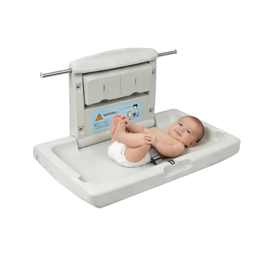 PXNTLA-Wall Mounted Commercial Baby Changing Station Foldable Diaper Change Table for Public Bathroom with Adjustable Safety Strap Dual Side Hooks & Foldable Storage Boxes