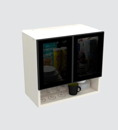 Image of Wall Mounted Kitchen Cabinet with Glass Door | Black and Beige | 57x55 cm | 2 Door Storage Cabinet | DIY Assembly