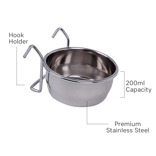 Image of Pets Empire Best Stainless Steel Birds Coop Cup Feeder Bowl (Hook+Clamp) 200ML Pack of 4
