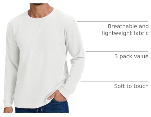 Image of 3 Pack Mens Waffle Shirts Long Sleeve Casual T-Shirt | Lightweight, Regular Fit, Waffle Knit, Crew Neck, Stylish Design, Pullover Top, Work, Daily