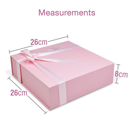 Image of RBS - Medium Cardboard Boxes for Packaging, 2.5m Ribbon (1 Pack) Hamper Boxes for Gift Empty (26 x 26 x 8cm) Gift Box Empty Gift Hamper Box Reusable Valentine Gift Boxes for Presents (Pink)