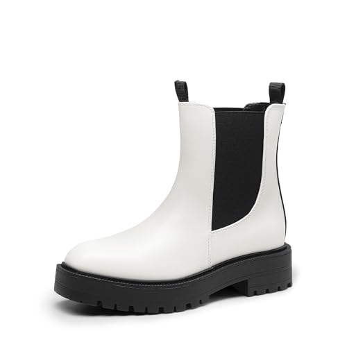 DREAM PAIRS Women's Chelsea Ankle Boots Square Toe Fashion Low Heel Lug Sole Platform Fall Booties Shoes,Size 5.5,White-Pu,SDAB2412W