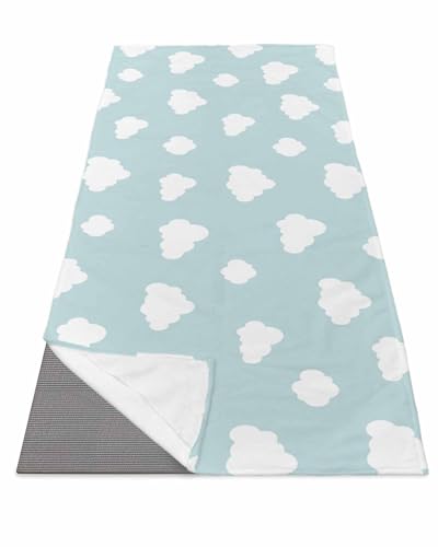 BOSIJOY Yoga Mat Towel,Blue Sky White Cloud Natural Scene Non Slip Sweat Absorbent Hot Yoga Towels with Corner Pockets,Minimalist Cartoon Print Soft Microfiber Towel for Pilates Bikram 70