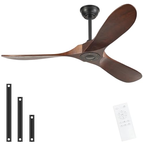 Image of 52'' Solid Real Wood Ceiling Fan no Light,DC Motor 6 Speeds Adjustable with Large Airflow,Outdoor Ceiling Fan Dark Walnut Finished for Garage,Gazebo,Living Room,Bedroom