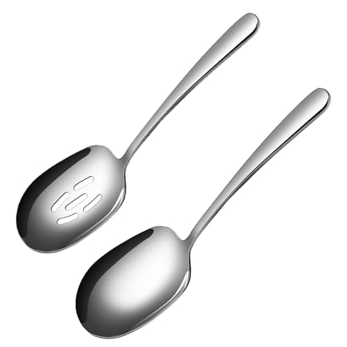 MIUPOO Premium Stainless Steel Large Heavy Duty Serving Spoon and Slotted Spoons,Serving Spoons Set for Buffet Party Banquet Cooking Kitchen,Perforated Spoon,2 Pieces 25cm