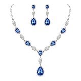 Clearine Parure Forme Y Femme Série Goutte Eau Bijou Mariage Collier Pendant Boucles d'oreilles Ensemble Cristal Bleu Ton d'argent