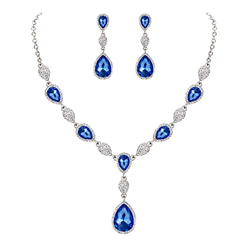 Clearine Juegos de Joyas de Mujer Conjunto de Joyas Cristales Forma Agua Gota Lágrimas Collar y Pendientes para Novia Boda Fiesta Elegante,Color Azul Plata-Tono