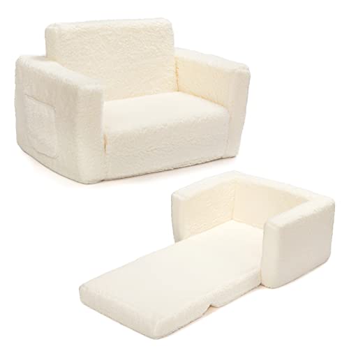 Image of ALIMORDEN 2-in-1 Flip Out Cuddly Sherpa Kids Couch, Convertible Sofa to Lounger, Cream