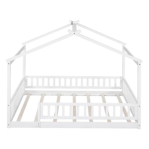 Bellemave Full Size House Bed Frame, House Beds for Kids, Montessori Floor Bed with Fence, Playhouse for Kids, Full,White