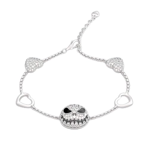 Image of Jeulia 2.5 Carat Jack Skull Nightmare Charm Bracelet For Women 925 Sterling Silver Christmas Bead Bracelet Horror Movie Costume Jewelry Link Bracelet with Adjustable Infinity Chain