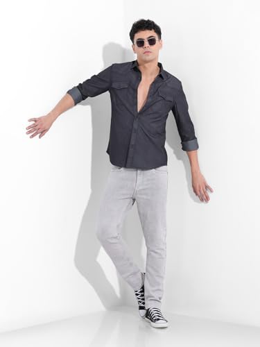 Image of The Indian Garage Co Men Slim Fit Solid Full Sleeves Cutaway Collar Double Flap Pocket Casual Denim Shirt