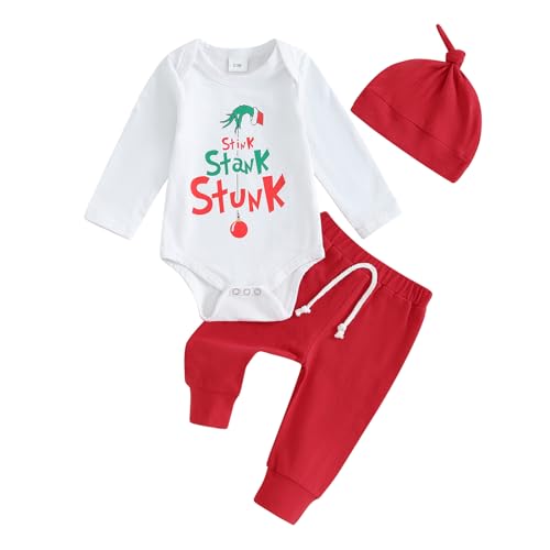 Image of Lamuusaa Newborn Baby Boy Christmas Outfit My First Christmas Romper Shirts Long Pants Hat 3Pcs Fall Outfits 0-24M (White A, 0-3 Months)