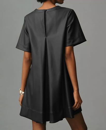 Women Faux Leather Mini Dress Short Sleeve Crew Neck A Line Flowy Swing PU Party Dress with Pockets3