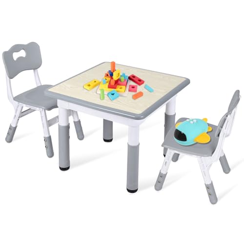 Ansobea Table pour enfant avec 2 chaises, réglable en hauteur sur 7 niveaux, 60 x 60 cm, table de dessin et table d'activité, groupe de sièges pour enfants avec surface à dessin, gris imprimé bois