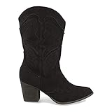 Bota Campera con Tacon, Comodas, Bordado en Cana, y Cierre de Cremallera, Otono Invierno 2020. Talla 38 Negro