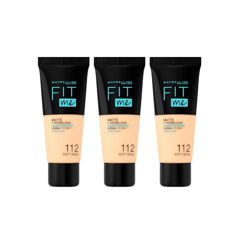 Maybelline New York Base de Maquillaje líquida Fit Me Matte & Poreless - 112 Soft Beige, Juego de 3 (3 x 30ml)