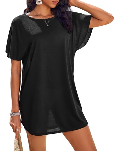 AI'MAGE Women's Swimsuit Coverup Ruffle Sleeve Bathing Suit Beach Cover Up Back Hollow Bikini T-Shirt Dress Black,M