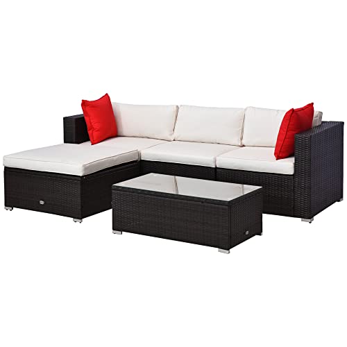 Outsunny 5-Piece Outdoor Sectional Furniture, Patio Sofa Set, 3-Seat Pe Wicker Couch With 2 Corners, Stand Alone, Cushions, Pillows, Ottoman Footrest, Tempered Glass Coffee Table, Cream White #TOP21