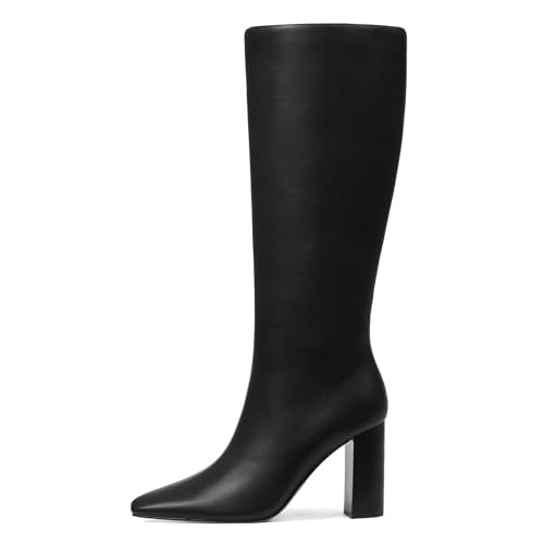 femflame Knee High Boots Women Black Leather Tall Shoes Square Toe Chunky Block Heel Side Zipper Long Boot Wide Calf Boots For Women