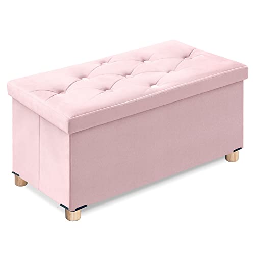BRIAN & DANY Ottoman Storage Box with 4 Wood Legs, Velvet Storage Ottoman for Living Room, Pink, 76 x 38 x 38 cm