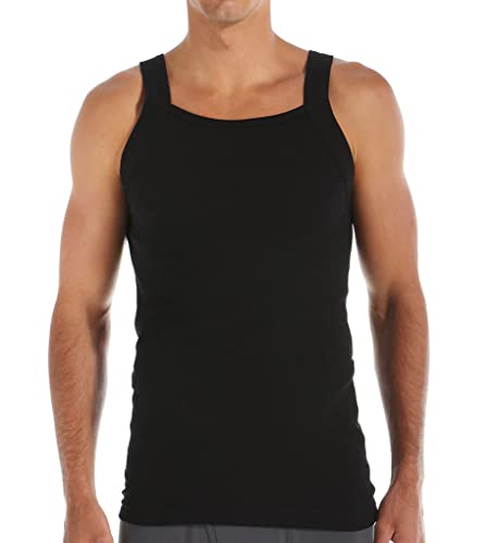 Papi Pacote com 3 regatas masculinas de algodão com gola quadrada, Preto, G