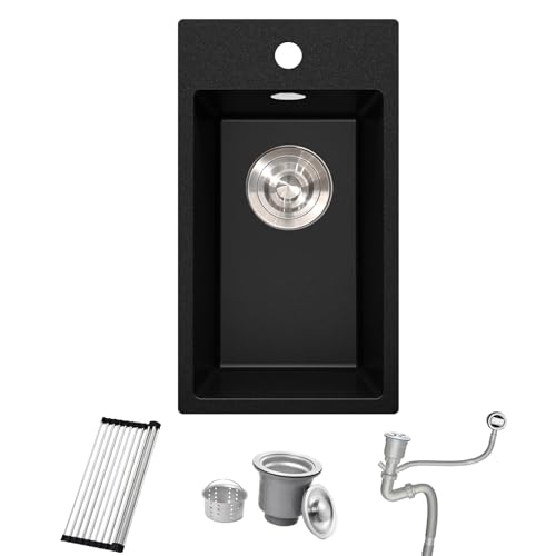 Bokaiya Évier de cuisine en granit noir de 28 x 50 cm, lavabo simple de 30 cm, petit bol simple encastrable, mini lavabo d'extérieur avec bonde et kit de...