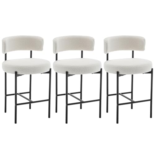 Image of Cinxzar Boucle Bar Stools Set of 3, White Counter Height Bar Stools with Backs, Modern Barstools for Kitchen Island, Pub, Club