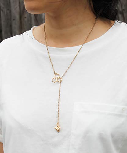 Pomina Gold Dainty Bee Lariat Necklace For Women Honeycomb Bumble Bee Necklace Adjustable Y Drop Necklace (Bee Lariat_Worn Gold) #TOP7