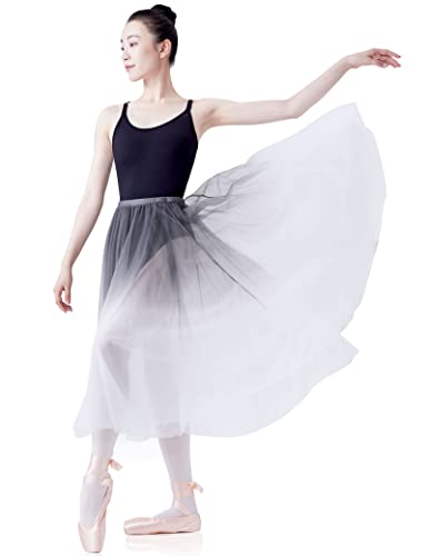 Daydance Women Long Ballet Skirts Tulle Tutus Lyrical Dance Skirts 2 Layers Grey White Fading Color #TOP4