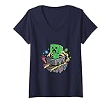 Womens Minecraft Creeper in Minecart with Diamonds and Ores V-Neck T-Shirt