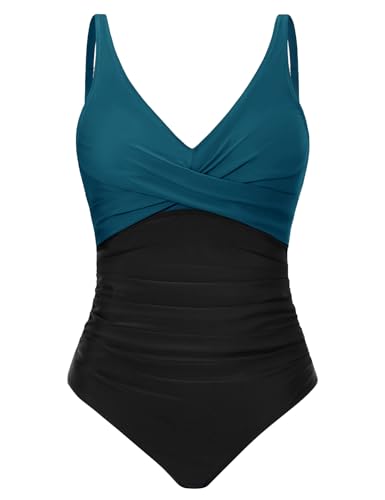 CMTOP Badeanzug Damen Bauchweg V Ausschnitt Einteiliger Badeanzüge Pushup Schlankheits Bademode One Piece Rüschen Bauchkontrolle Schwimmanzug Ruched Swimsuit Strandmode mit Bügel(Pfauenblau,M) 1