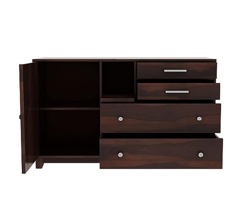 Image of Solid Sheesham Wooden Drawer Sideboard Cabinet & Chest of Drawers with 4 Drawer and 2 Door Storage | Multipurpose Storage Kitchen Crockery Unit Rack for Home Living Room | Walnut
