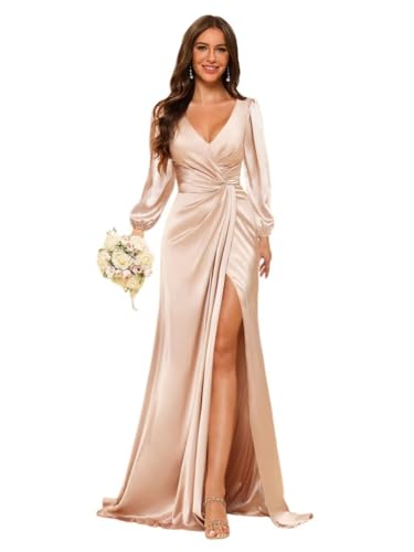 Champagne Satin Long Bridesmaid Dresses with Slit for Women Long Sleeve Mermaid V Neck Formal Party Gowns