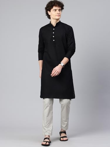 Image of Majestic Man Men's Cotton Regular Fit Casual Mandarin Collar Ethnic Motifs Solid Long Kurta