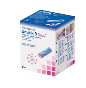 Owen Mumford AT1062 Unistik 3 Pre-Set Safety Lancet, Dual, 18 g Blue (Pack of 100)